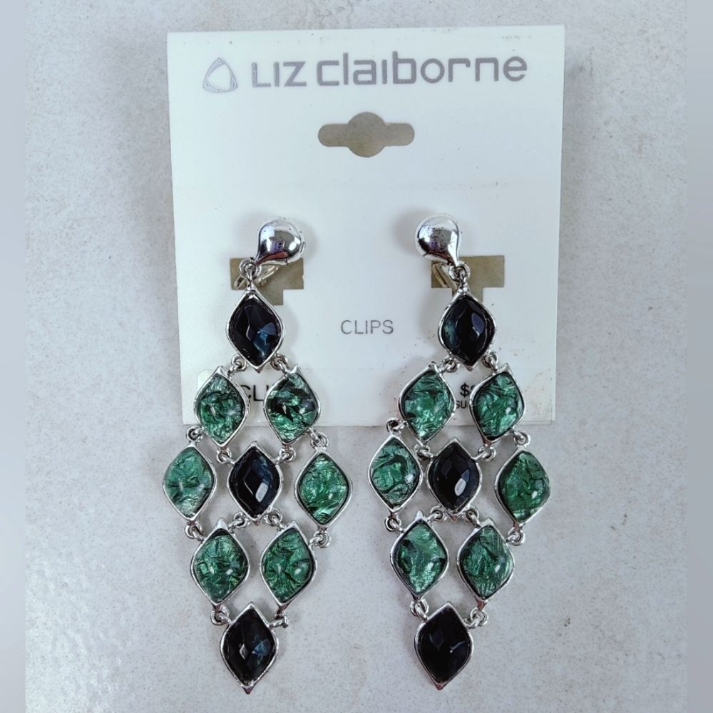 NWT VTG Liz Claiborne Green Abalone Dangle Drop Clip On Silver Tone Earrings